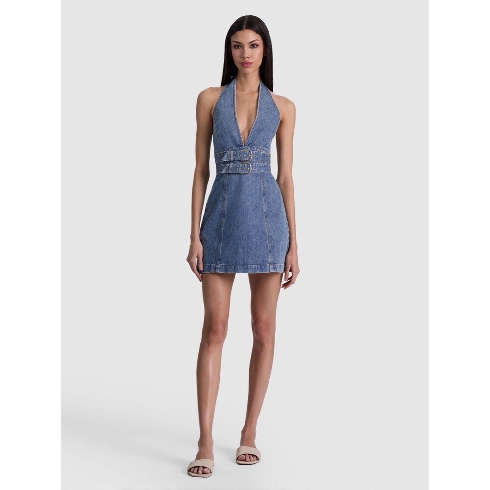 New Alice + Olivia SOLANA BUCKLE DENIM HALTER MINI DRESS